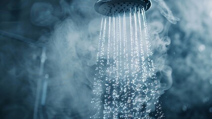 A close-up of a shower head releasing a refreshing stream of water, with steam rising