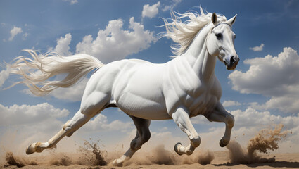 Two white horses are running