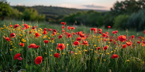 Fototapeta premium Close-up of red poppies growing in a field in summer,