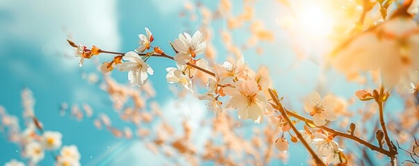 Blossoming tree branch on blue sky background. Spring equinox concept.