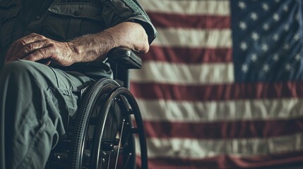 Patriotic American Army veteran, reflecting on his service, wheelchair-bound with a bold American flag waving in the close-up background