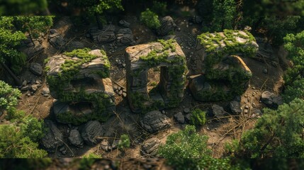 Aerial photograph captures massive stone letters spelling s.O.S amidst a dense forest, indicating a call for help