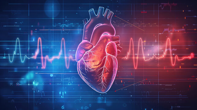 The normal sinus rhythm of the human heart, registering an electrocardiogram. Graphic representation of the heart and aorta, the concept of healthcare and medicine