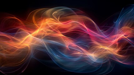 Vibrant interplay of swirling lines and dynamic shapes in red and blue hues, conveying motion and energy on a dark background