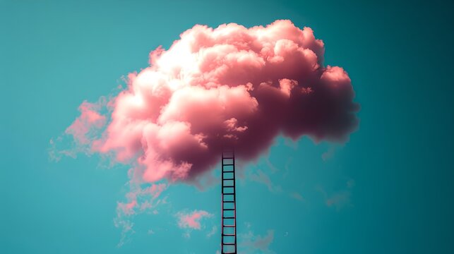 A ladder reaching a pink cloud against a blue sky. Conceptual and surreal image. Creativity and imagination. Digital art for design use. AI
