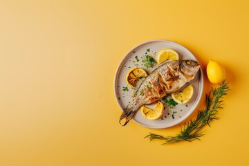 Top view of roasted fish with lemon and parsley on the plate, organic healthy food. Concept of detoxification and clean diet.