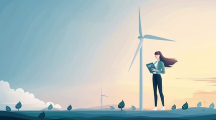 Woman with windmill renewable technology wind farm electricity worker people turbine engineer energy 