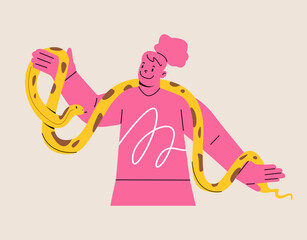 Woman with long snake around neck. Colorful vector illustration
