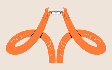 Funny long hands holding a glasses. Colorful vector illustration