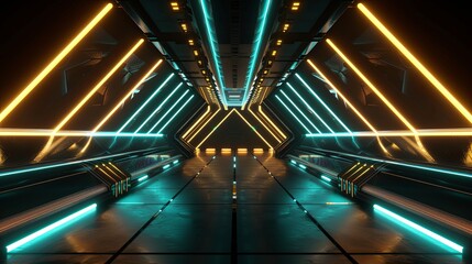 Futuristic spaceship corridor lit with bright neon lights