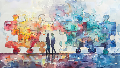 A painting of two people walking in front of a colorful puzzle