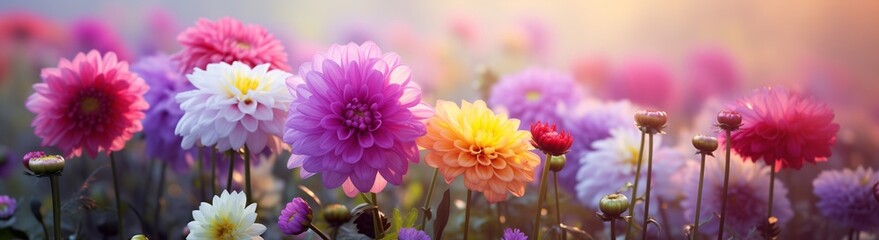 Obraz premium Colorful wildflowers in sunlit meadow. Spring or summer garden concept. Image for greeting card, calendar, and wallpaper. Banner with copy space.