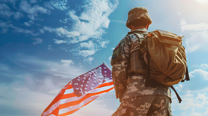 Dynamic image of an American soldier holding US flag with background of blue sky, Veteran Day.