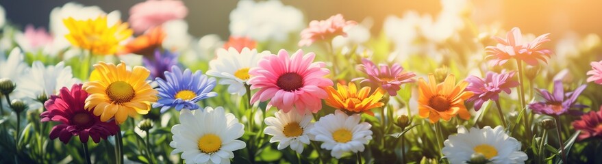 Colorful wildflowers in sunlit meadow. Spring or summer garden concept. Image for greeting card, calendar, and wallpaper. Banner with copy space.