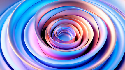 Close-up view of vibrant abstract spiral of pastel colorful circles with blue neon light effect, forming a dynamic pattern exuding movement and energy