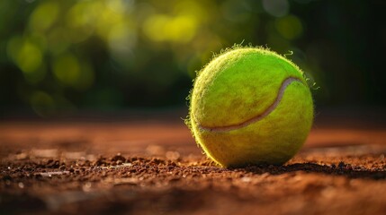 Macro view of a tennis ball, showcasing the fuzzy texture, set against a soft-focus clay court background, studio lit