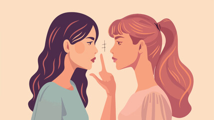 Young woman telling sister her secret on light background