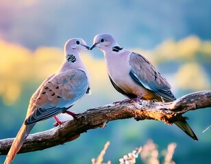 Turtle doves perched on a branch