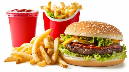 Alluring setup of fast food items including juicy burgers and crispy fries, with a clean white background enhancing the colors