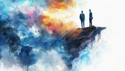 Two men standing on a cliff overlooking a body of water
