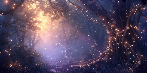 An ethereal twilight scene in a mystical forest, with trees adorned by warm glowing lights and a carpet of blue flowers under a starry sky. Resplendent.