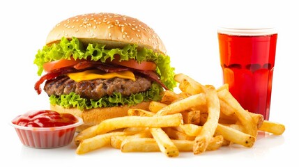 Alluring setup of fast food items including juicy burgers and crispy fries, with a clean white background enhancing the colors
