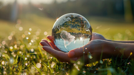 Hand holds glass globe in grass, reflecting natures beauty