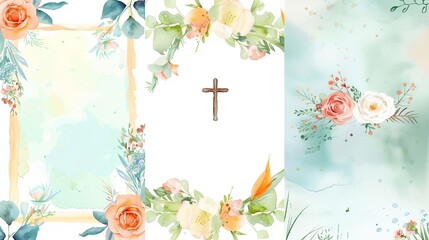 A set of cute watercolor templates for Baptism invitations. Vintage rose lace frame with holy cross. Girl christening ceremony.