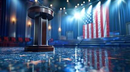 A presidential podium and American flag. election meeting