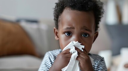 Adorable African American 2 year old child blowing his nose into a paper or cloth handkerchief. The child is allergic to pollen or food. Viral respiratory disease in a child