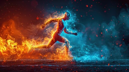 Runner ablaze with fiery determination sprinting against a cool neon night