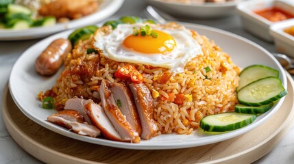 Fototapeta premium fried rice with fried egg on white plate, delicious indonesian food 