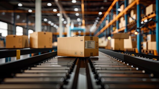Packages are transported on a conveyor belt in a modern distribution warehouse.