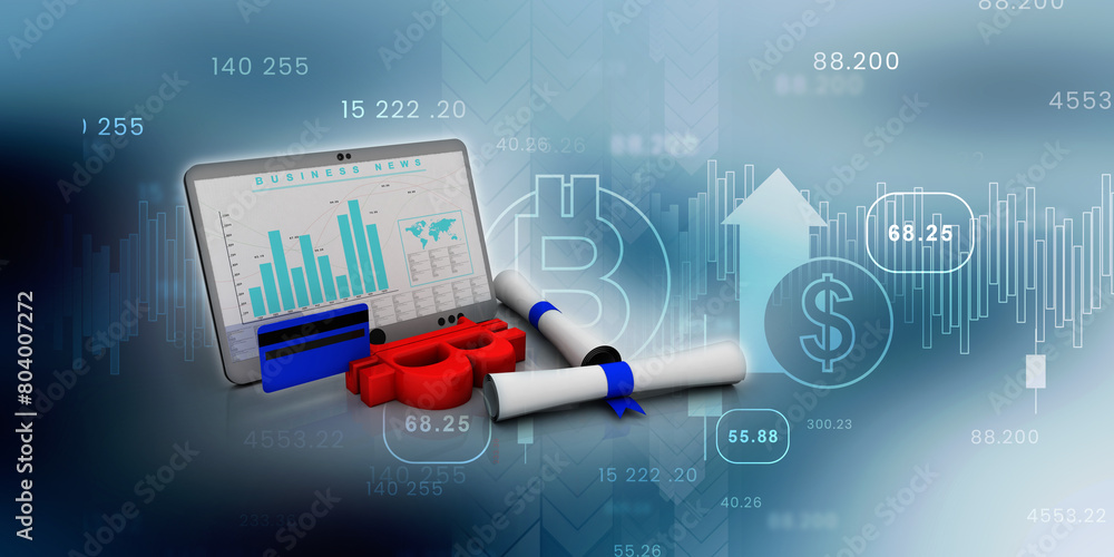 Poster 3d rendering debit card swiping bitcoin connected mobile tablet
