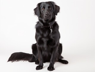 A glossy black dog sits alertly, looking slightly aside with a white backdrop.