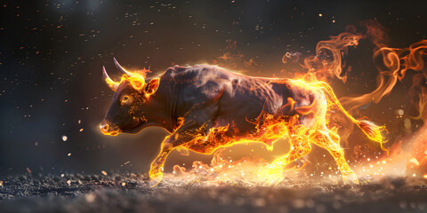 A black fighter running on fire flame with flames on it and dark background and bokeh view of surface,