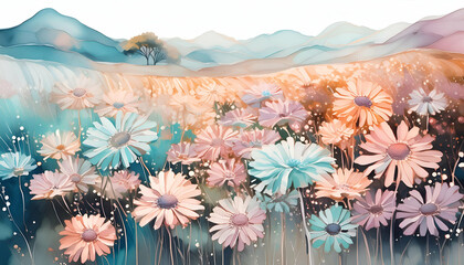 Pastel colored field of daises painting, on a white background