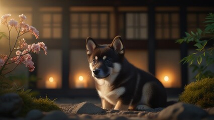 Shiba Puppy and Japanese Background