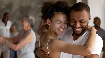Obraz premium Joyful Embrace Captured in a Tender Moment. A Couple Hugs Warmly, Expressing Love and Contentment. Candid Style, Family Gathering. AI