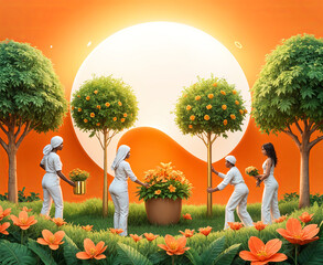 A group of four cartoon-style people gardening in a lush, colourful landscape with an orange sky, large sun, and fruit trees