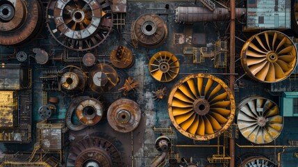 Obraz premium Industrial panorama from above, showing the evolution from rusty old turbines to cutting-edge propellers in a dynamic layout