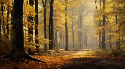An autumn landscape with yellow leaves in a forest - Powered by Adobe
