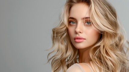 Portrait of a Young Woman with Beautiful Blonde Wavy Hair, Natural Makeup. Ideal for Beauty and Haircare Themes. Studio Shot, Grey Background. AI