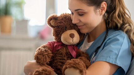 Nurse Comforting Child with Teddy, International Nurses Day, hospital care, dedication and skills.