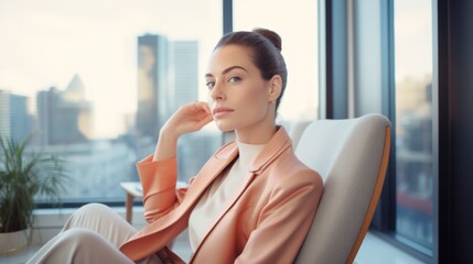 Elegant businesswoman in a chic salmon-colored jacket, pensively looking out a high-rise window, symbolizing ambition and leadership