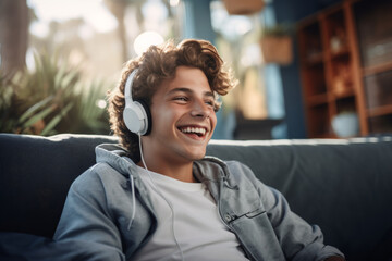 Cheerful teenager in a casual hoodie, enjoying music on headphones, reclining in a sunny, plant-filled living room