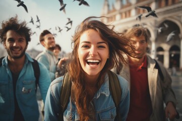 Radiant young woman laughing, surrounded by friends, in a lively urban environment with birds flying around