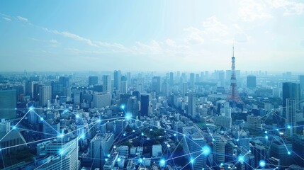 Tokyo s skyline fused with digital network lines symbolizing a smart city
