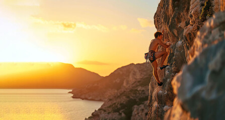 Young man climbing a rock against the backdrop of a beautiful su