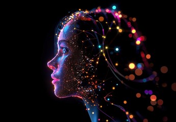 Obraz premium D Render of Female Profile with Glowing Brain and Neural Connections on Dark Background